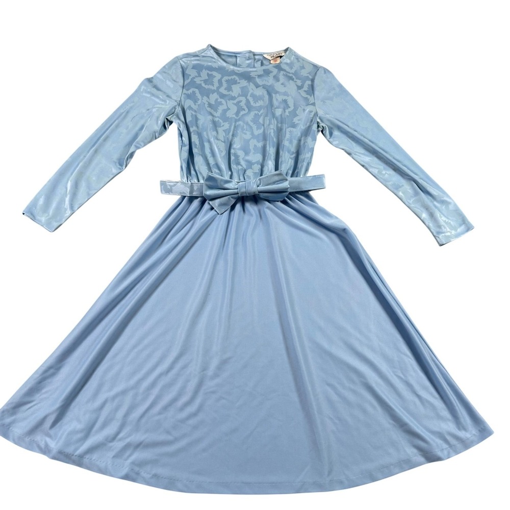 Vintage 70s Blair Blue Jacquard Floral Fit Flare Midi Dress Bow Belt Size 12